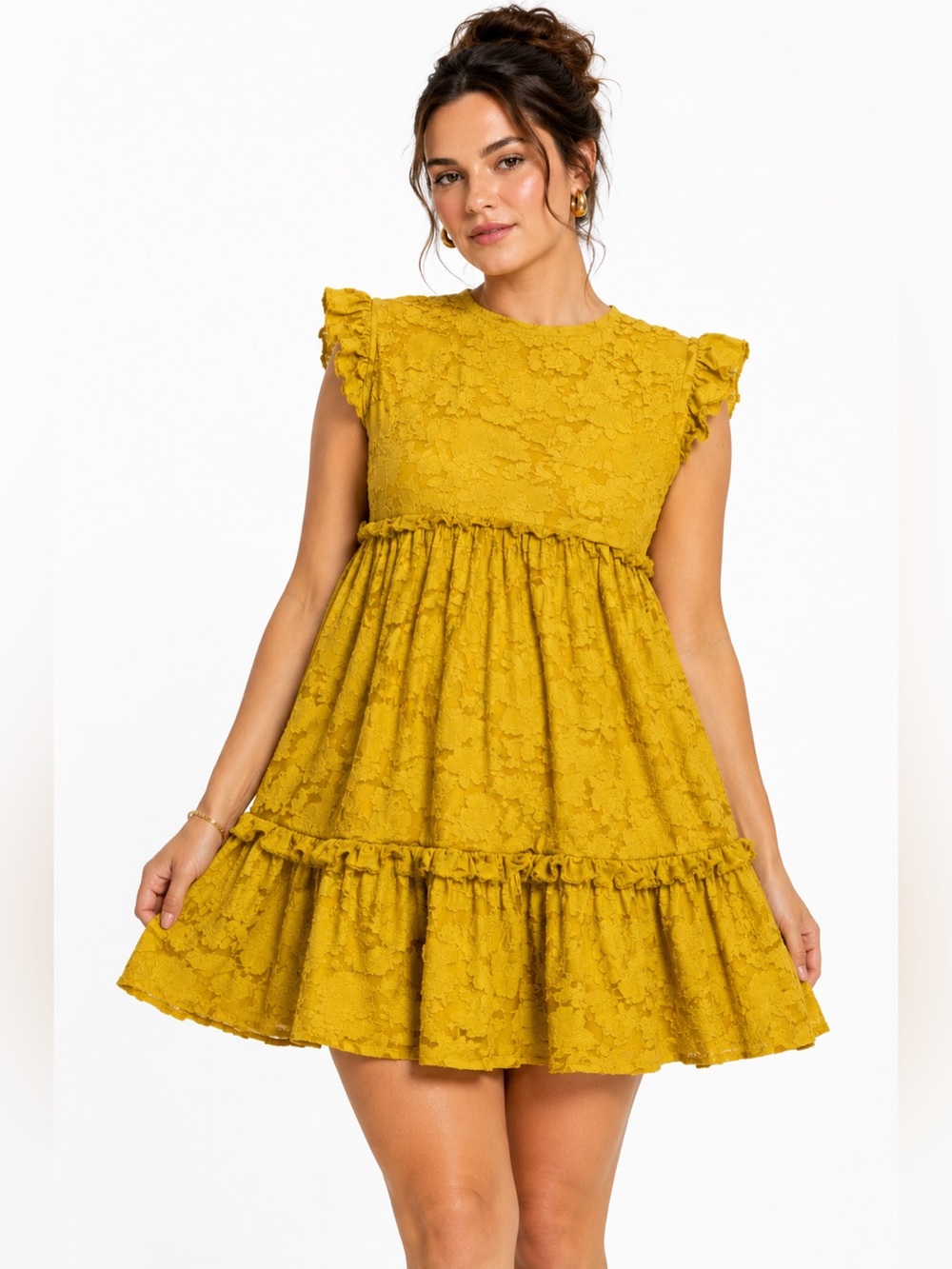 Anthropologie Ruffle Jacquard Floral Mini Dress Tie Back (Mustard Yellow) Size M